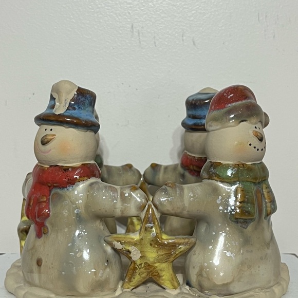 Kirklands Potters Garden II Snowmen Pottery Candle Holder Round 4.5” T x 6” Diam - Picture 7 of 11